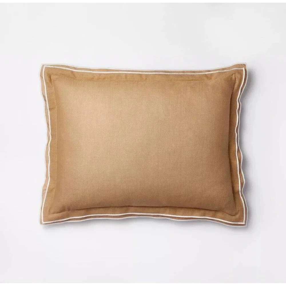 King Double Flange Merrow Stitch Duvet Cover & Sham Set Camel/Off-White NEW